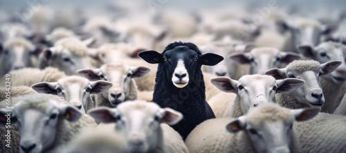 A black sheep among a flock of white sheep, raising head as a leader - Concept of standing out from the crowd, of being different and unique with its own identity and special skills among the others photo