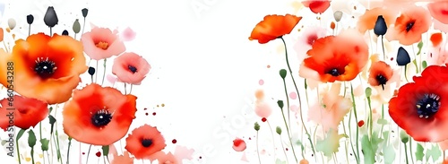 Red poppy background, watercolor floral art for banner, card, cover. Generative AI
