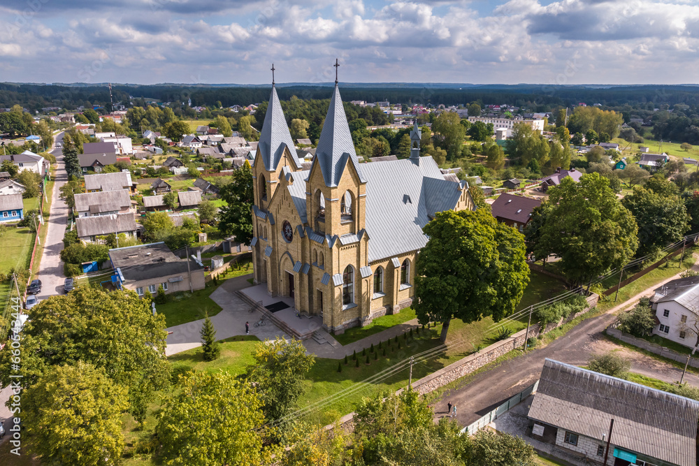 aerial view over church in countryside