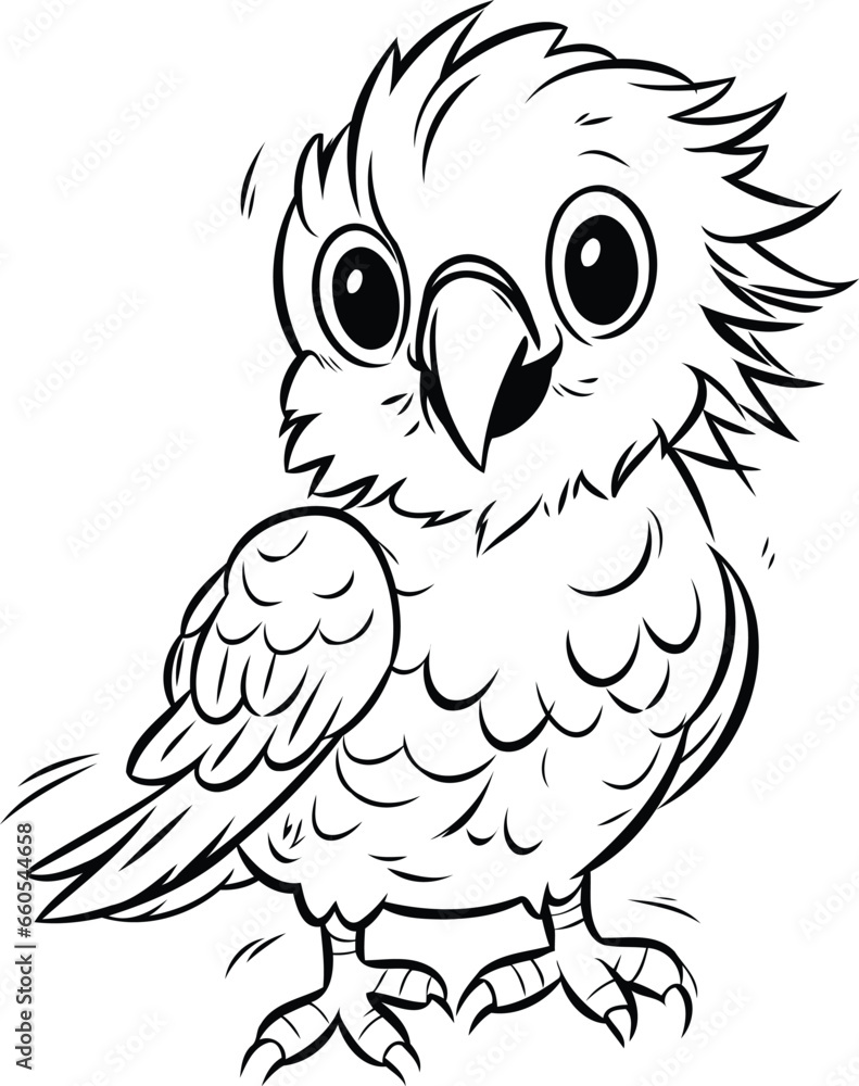 Cute cartoon owl. Black and white vector illustration for coloring book.