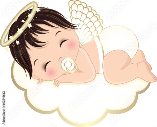 Vector Cute Angel Boy in White Diaper Sleeping on the Cloud