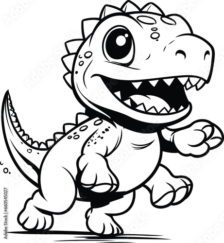 Cute Dinosaur Running   Black and White Cartoon Illustration. Vector