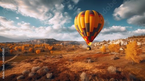 Colorful hot air balloons flying over the mountain during a misty morning sunrise