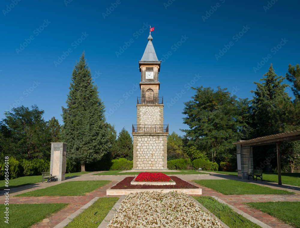 View of Bilecik clock tower. It is located in the garden of Bilecik Municipality Palace. Turkey travel destinations. 