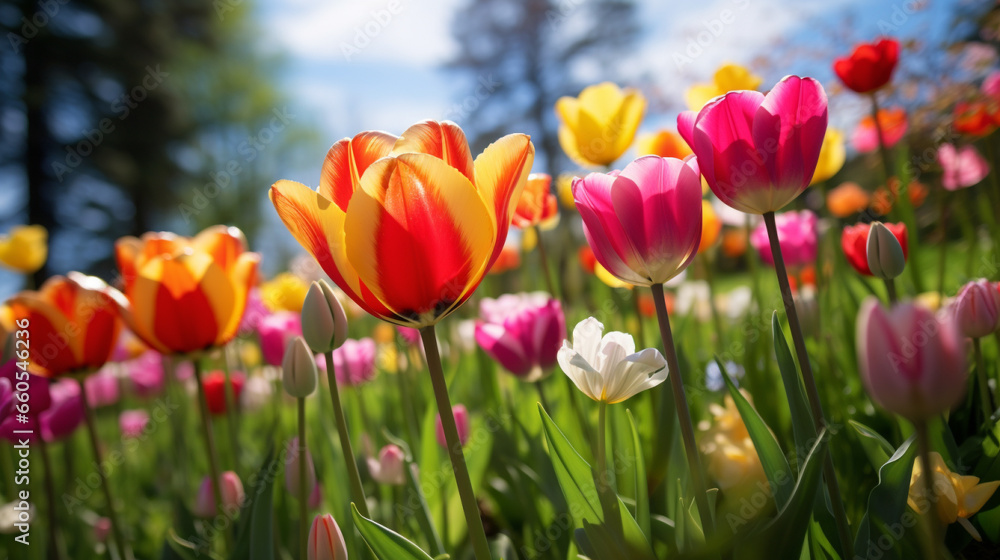 A field of colorful tulips with trees in the background,  Generative AI
