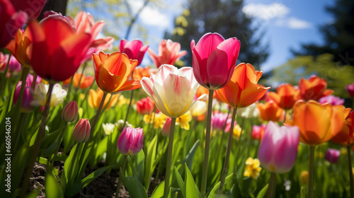 A field of colorful tulips with trees in the background   Generative AI