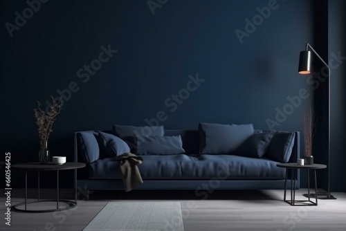 A comfortable and contemporary living room with a sofa against a blank, dark blue wall. A modern 3D design concept. Generative AI © Verena