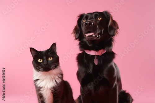 A cat and dog against a pink background. Generative AI © Edward