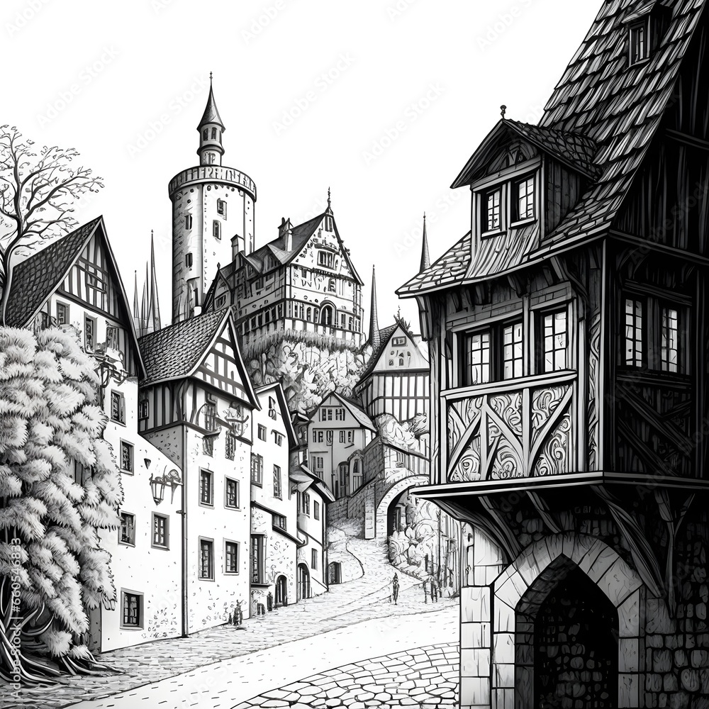 medieval city Hand draw pencil sketch Black and white Line art Printable outlined art Thin lines Intricate details Crisp lines extreme details no black fill ultra realistic ultra HD 