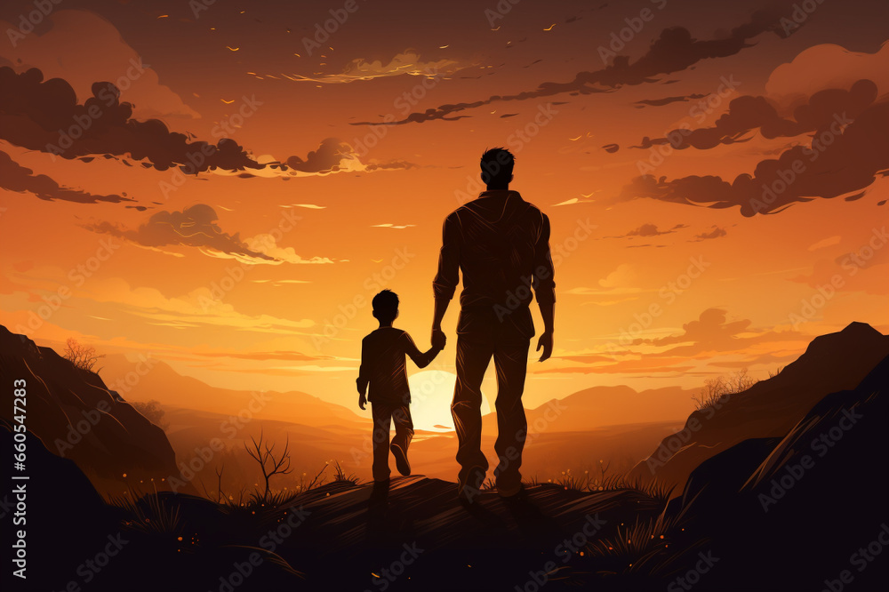 A silhouette of a man and a child holding hands,  Generative AI