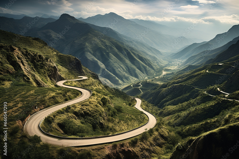 Cruising through a mountain pass on a winding road, a series of switchbacks reveal breathtaking vistas, with each turn providing a fresh, awe-inspiring view of the rugged terrain.  - obrazy, fototapety, plakaty 