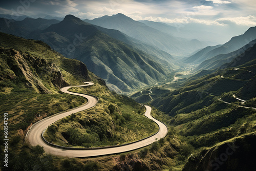 Cruising through a mountain pass on a winding road, a series of switchbacks reveal breathtaking vistas, with each turn providing a fresh, awe-inspiring view of the rugged terrain. 