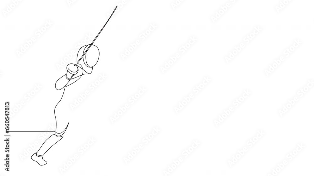 One single line drawing of man fencer athlete in fencing costume exercising motion self drawing animation. Animated sport concept. Continuous line design for combative and fighting sport banner. One single line drawing of man fencer athlete in fencing costume exercising motion self drawing animation. Animated sport concept. Continuous line design for combative and fighting sport banner.