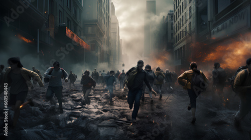 People are running and dodging bombs in the civil war. Civil war concept illustration with people running for their lives, World War 3 concept. photo