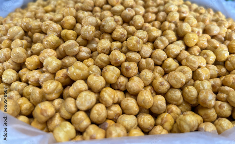 Fried chickpeas on a market counter or oriental bazaar Fried chickpeas on a market counter or oriental bazaar