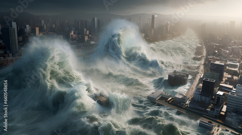 Huge tsunami waves destroy the earth on disaster and climate change concept. photo