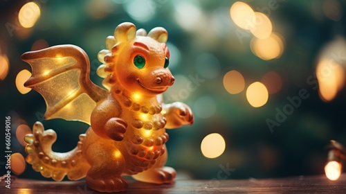 Cute toy dragon on a Christmas bokeh background