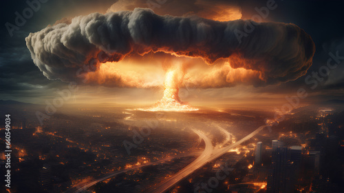 Nuclear explosion in the middle of the city, nuclear war concept.