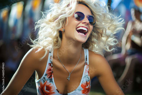 Radiant blonde lady laughing in a floral top at a summer music festival.
