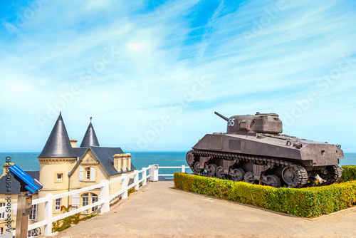 old tank of second world war on the coast of Arromanches in Normandy photo