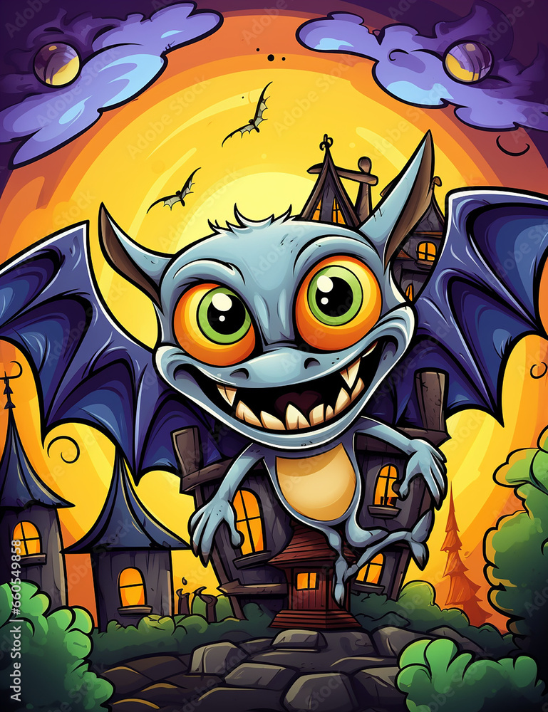 kids illustration, bats and funny monsters, old house in the background Halloween created with Generative Ai kids illustration, bats and funny monsters, old house in the background Halloween created with Generative Ai