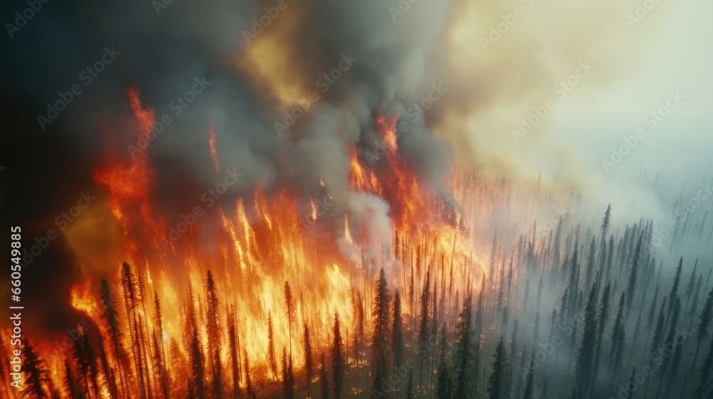 Wildfire burns ground in forest, aerial shot Wildfire burns ground in forest, aerial shot