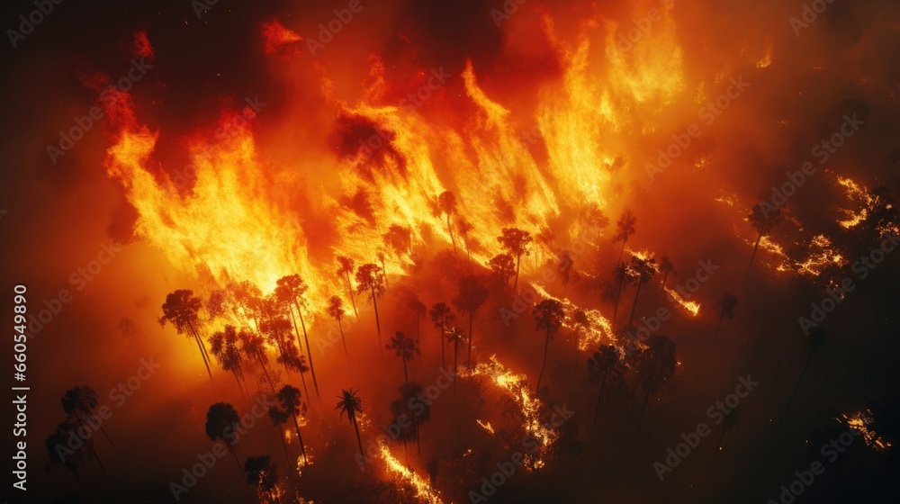 Wildfire burns ground in forest, aerial shot Wildfire burns ground in forest, aerial shot