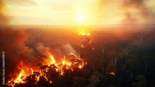 Wildfire burns ground in forest  aerial shot