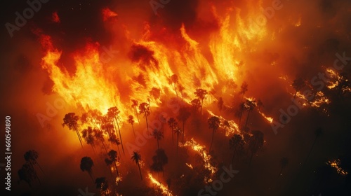 Wildfire burns ground in forest, aerial shot