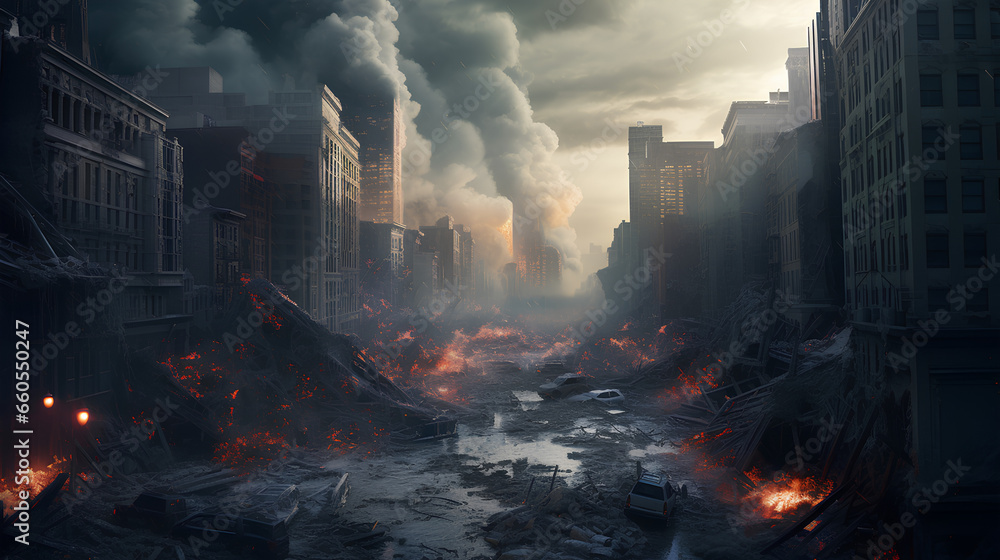 War damaged city, bomb damaged city, war damage concept.. A city ruined and destroyed by war. - obrazy, fototapety, plakaty 
