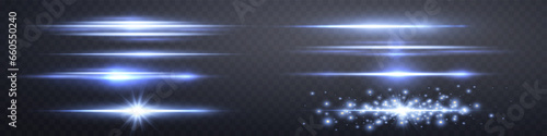 Blue lensflares set. Light flash with rays or blue spotlight. Glow flare light effect. Vector illustration. Isolated on dark transparent background.