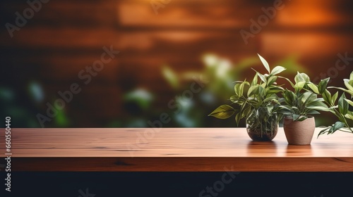 Rustic Wooden Table with Blurred and flower tables
