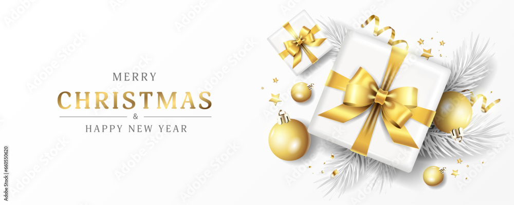 Φωτογραφία Realistic Christmas banner on a white background with fir white branches, Christmas tree toys and gifts with gold bows and congratulatory text