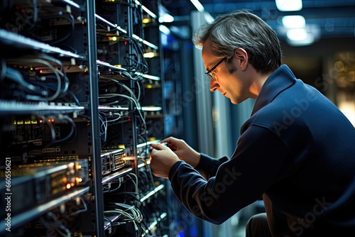 Skilled technician maintaining server infrastructure in data center, ensuring optimal performance and data security. photo
