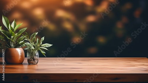 Rustic Wooden Table with Blurred and flowers on table