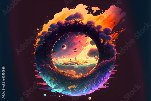 a blackhole opening light trying to escape bright colors hour glasses floating island anime style 