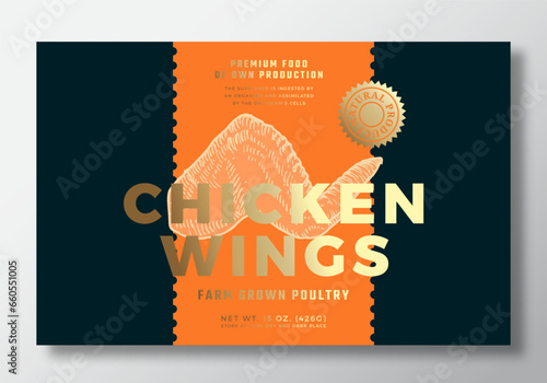 Farm Grown Chicken Abstract Vector Packaging Label Design Template. Modern Typography Banner, Hand Drawn Wing Meat Sketch Silhouette. Color Paper Background Layout with Gold Foil Isolated photo