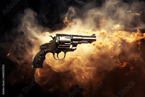 Artistic rendering of a vintage revolver suspended in mid-air, surrounded by swirling smoke and dramatic lighting