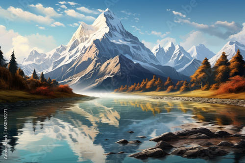 A painting of a mountain range with a river running through it, Generative AI