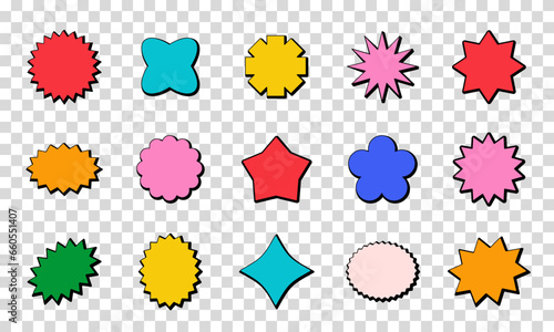 Retro sun starburst promo badge shapes set. Colorful price offer stars decorative sun explosion elements collection. Trendy vintage abstract callout cartoon banners vector templates bundle Isolated