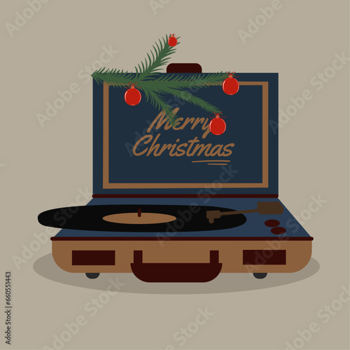 Illustration  Merry Christmas  with Vintage Record Player and Branch