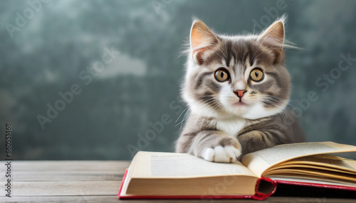 Cute cat sitting on a wooden table and a book