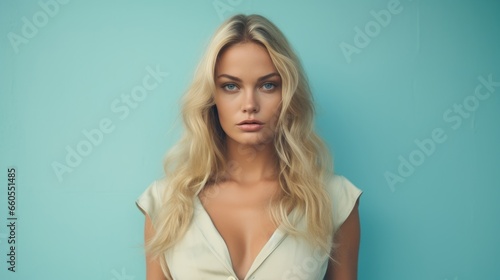 Beautiful Blonde Woman Style in the 70s Fashion standing against a Blue Background with Empty Copy Space for Text - Wallpaper Girl 70s - Raw and Sensual 70s Woman created with Generative AI Technology