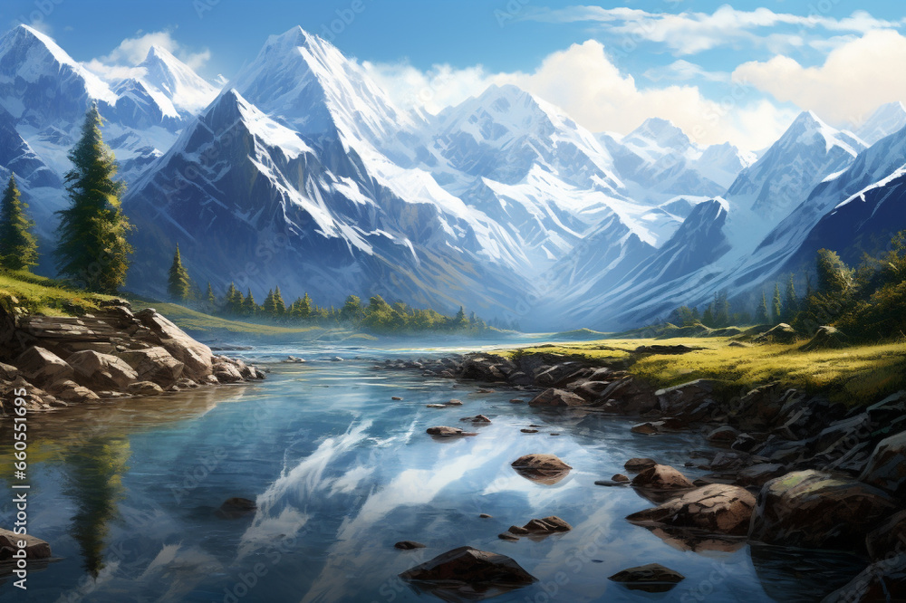 A painting of a mountain range with a river running through it,  Generative AI