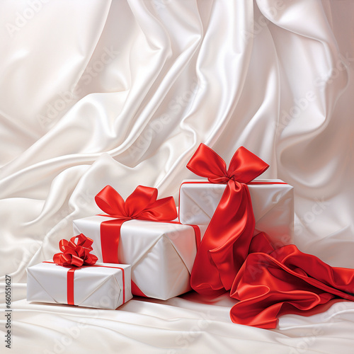 Fotografia con detalle de varios regalos de navidad sobre superficie de tela blanca brillante