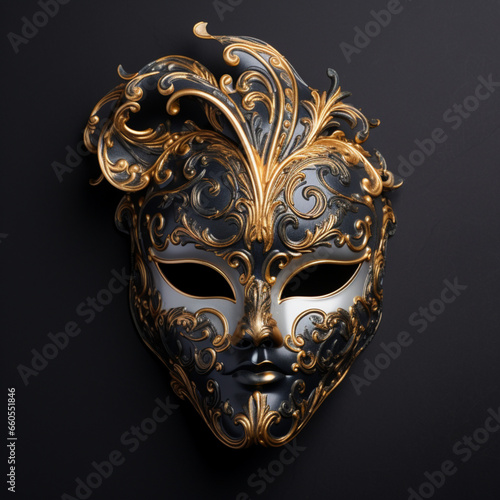 Fondo con detalle y textura de mascara de carnaval con tonos metalicos y dorados, acabado lujoso, sobre fondo de tonos oscuros