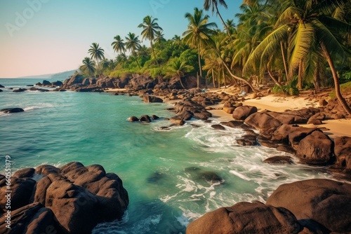 A beautiful beach with lush palm trees and rocky formations. Generative AI