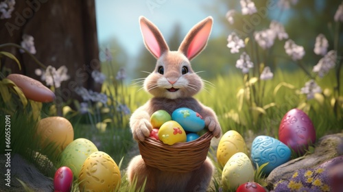Beautiful Easter rabbit with basket of colored eggs
