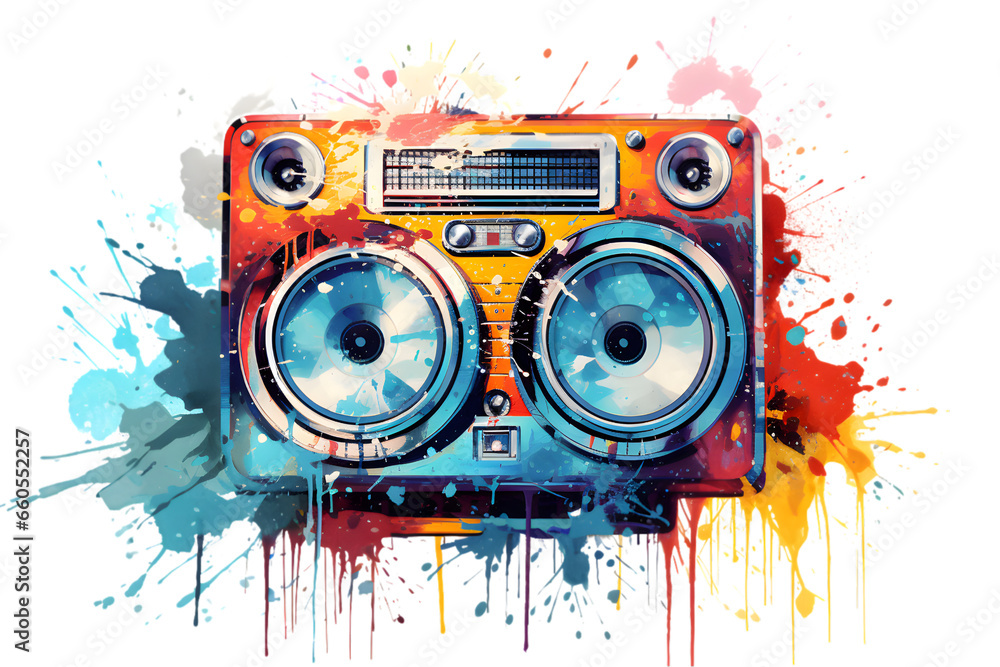 Fototapeta premium watercolor illustration of a vintage radio cassette with splashes of watercolour paint.Png.Isolated