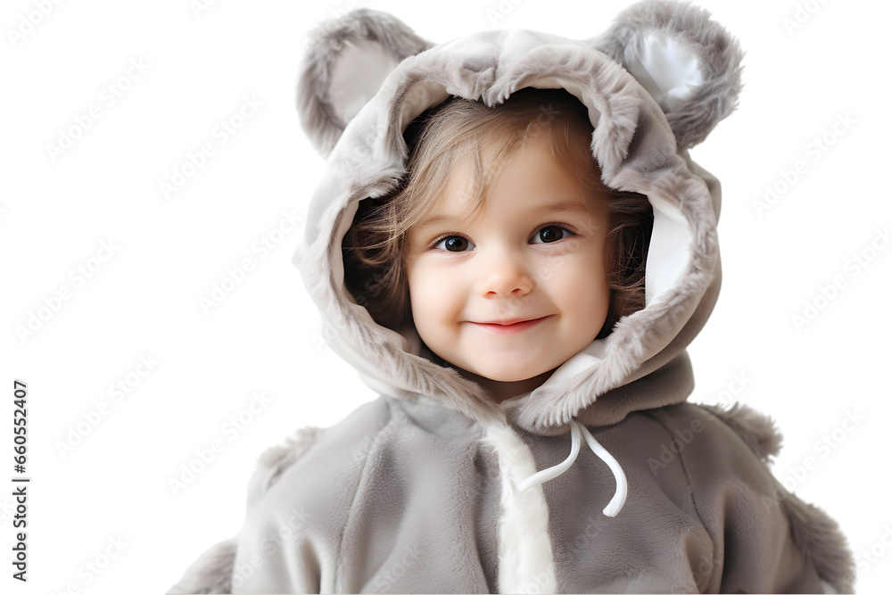 charming portrait of a little girl dressed in an endearing gray dog costume, her face adorned with a heartwarming smile as she engages the camera.PNG charming portrait of a little girl dressed in an endearing gray dog costume, her face adorned with a heartwarming smile as she engages the camera.PNG